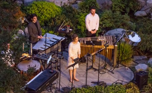 Concert in the secret garden. Featuring Justine Aronson, Jodie Landau, Justin DeHart performing a piece by Andrew McIntosh. Audience for Sonic Garden