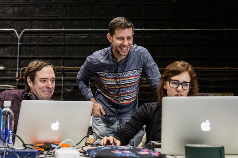 Yuval Sharon, center, with Jason H. Thompson and Kaitlyn Pietras of the production team during a rehearsal of “Young Caesar.” Photo by Emily Berl for The New York Times.