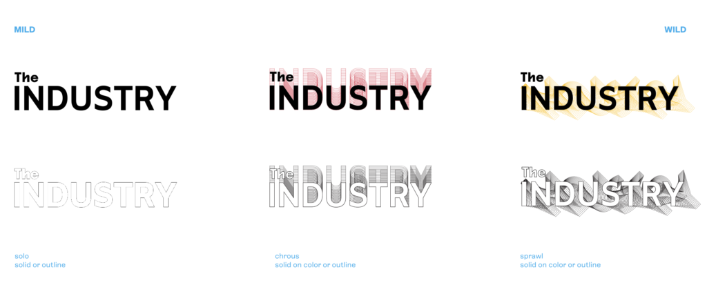 The Industry logotypes ranging from Mild to Wild with names like solo, chorus, and sprawl